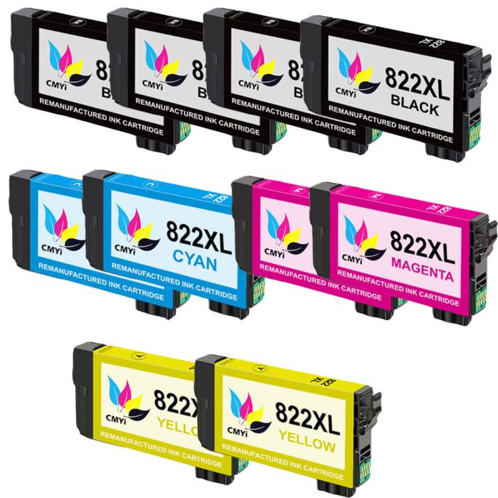 High Yield Epson Ink 822XL Cartridges Combo 10: 4 Black, 2 Cyan, 2 Magenta, 2 Yellow