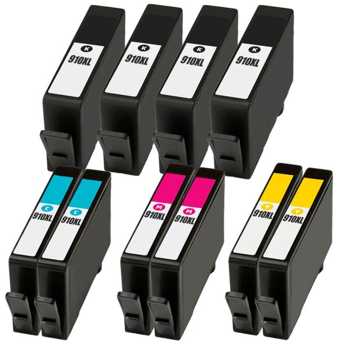 High Yield HP 910XL Combo Pack of 10: 4 Black, 2 Cyan, 2 Magenta & 2 Yellow