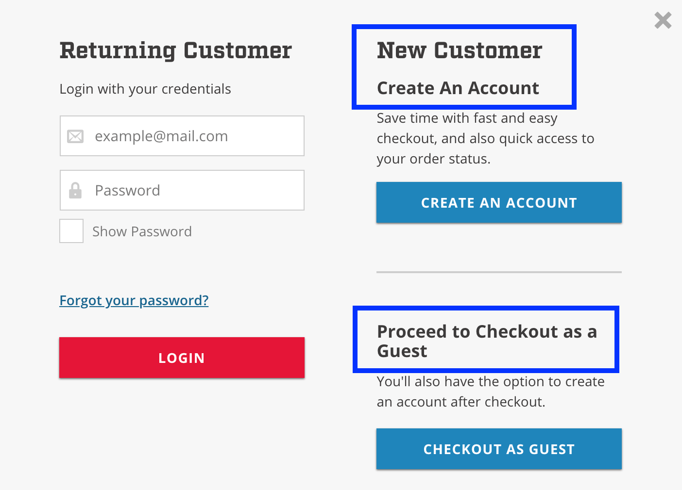 Checkout as returning customer, new customer or guest